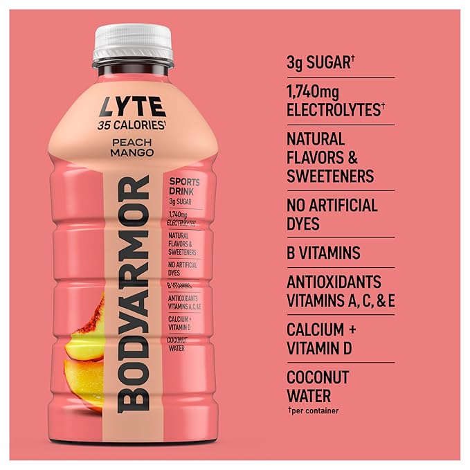 BODYARMOR LYTE Peach Mango Electrolyte Drink 35 Calories 28 Fl Oz Bottles (15 Pack) Coconut Water Sports Drink Natural Flavor &amp B Vitamins