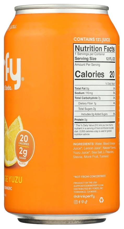 PERFY Soda Superfood Nootropic Soft Drink | All Natural Soft Drink Made With Real Fruit Juice L-theanine &amp turmeric | Low Sugar Low Carb Gluten Free Caffeine Free Keto Soda | 12 Pack (Blood O