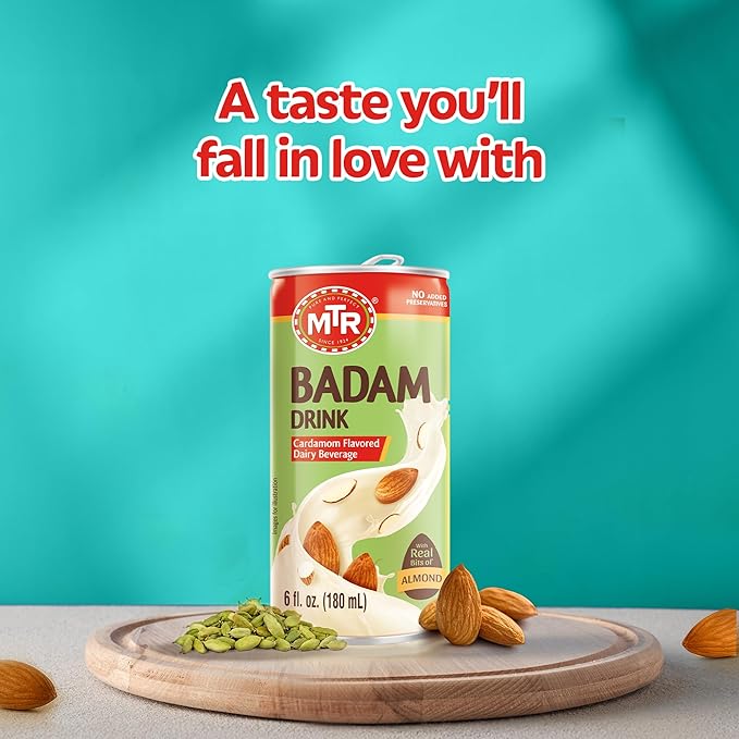 MTR Badam Drink - Cardamom Flavored Ready-to-Drink - Authentic Indian Almond Milk Beverage Real Bits of Almond No Added Preservatives Gluten-Free Refreshing Drink Perfect for Anytime Refreshment