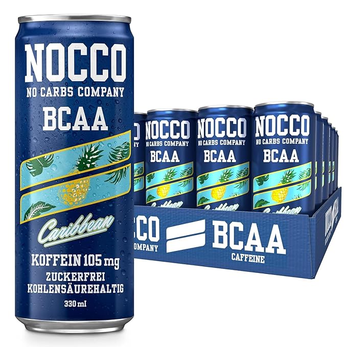 NOCCO BCAA Energy Drink Pack of 24 - Sugar-Free Vegan Energy Drink with Caffeine Vitamins and Amino Acids - Caribbean Pineapple 24 x 330 ml Including Deposit (Caribbean)