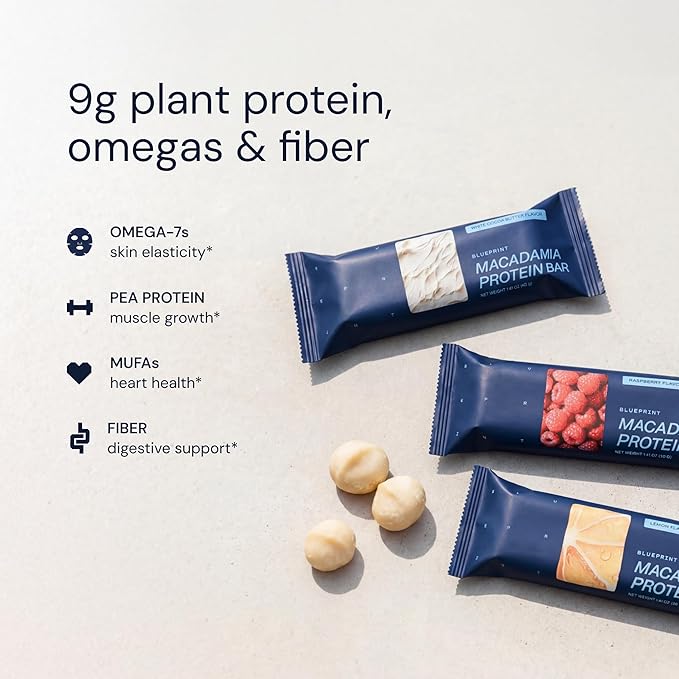 Blueprint Bryan Johnson Macadamia Nut Protein Bars – Variety Pack Protein Bars - Lemon White Cocoa &amp Raspberry – Vegan Low Sugar Keto-Friendly Snacks – Non-GMO Raw Nut Bar– 9g Protein – 12 Pac
