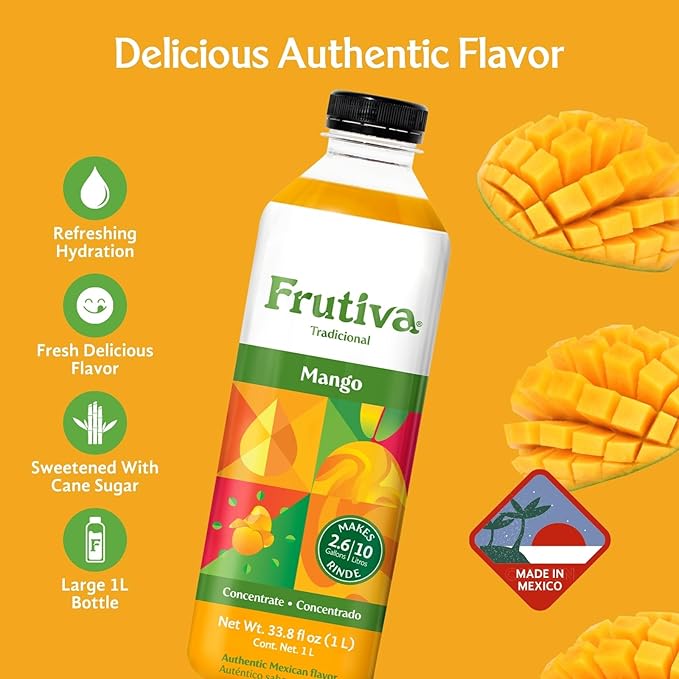Frutiva Authentic Mango Drink Mix | Made in Mexico with Cane Sugar | Aguas Frescas Concentrate Makes 2.6 Gallons Per Bottle | No High Fructose Corn Syrup | Perfect for Drinks Desserts &amp More | 12