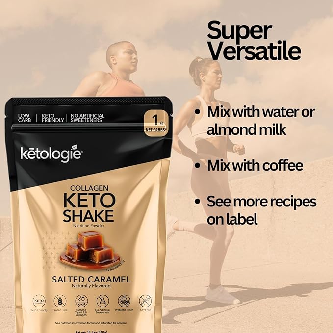 Keto Collagen Shake (Salted Caramel) - with Coconut Oil Prebiotics Grass Fed Hydrolyzed Collagen Peptides Type I &amp III Low Carb Gluten Free1.78lbs. (810g)
