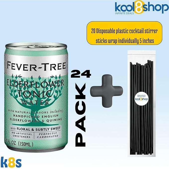 Fever-Tree Elderflower Premium Mixer 5.07 fl oz Aluminum Cans 24 Pack + 20 Plastic Stirrer Sticks by KOOL8SHOP Infinite Deals