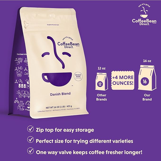 Coffee Bean Direct Danish Blend Whole Bean Coffee Handcrafted Blend Mixed Roast Level 1 Pound Bag (Pack of 1)