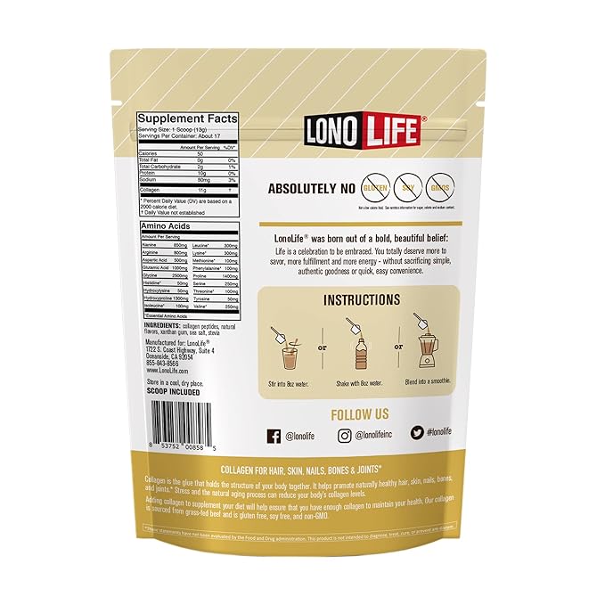 LonoLife - Vanilla Flavored Collagen Peptides with 10g Protein Paleo and Keto Friendly 8-Ounce Container - Packaging May Vary