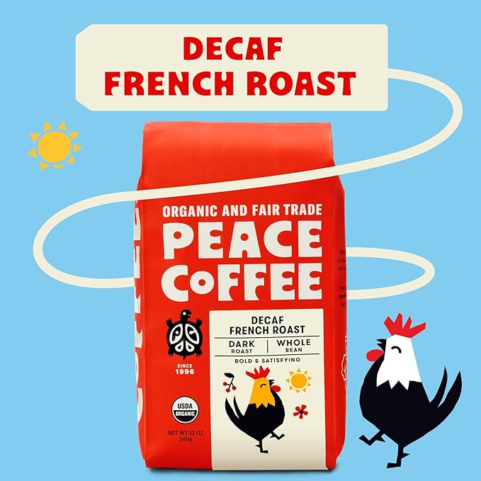Peace Coffee Decaf French Roast | 20 oz Whole Bean Dark Roast | Organic Fair Trade | Rich Bold Flavor | Shade Grown Fresh Roasted