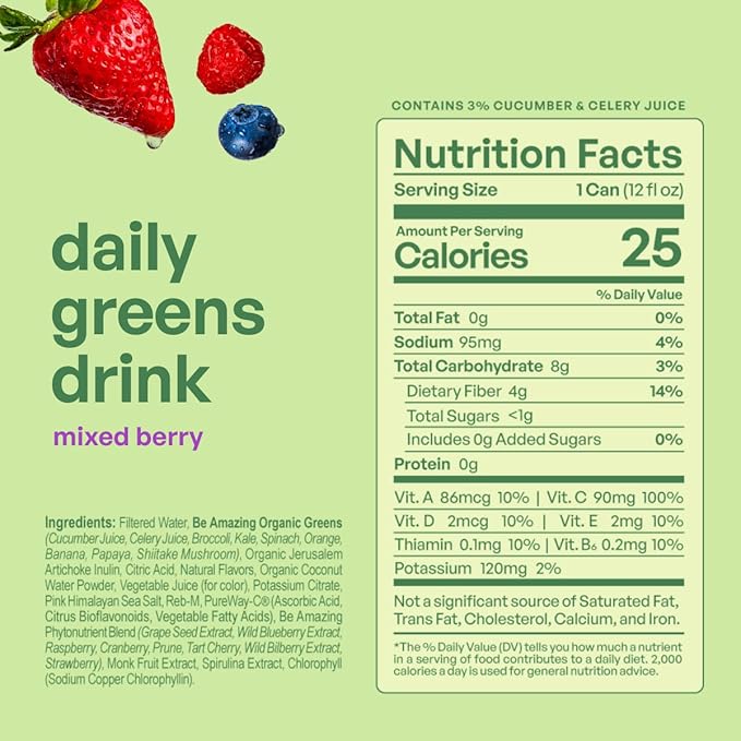 Be Amazing Greens Drink Mixed Berry Vitamin Drinks With 10 Organic Fruits and Vegetables Coconut Water Vitamin C and Prebiotic Fiber 25 Calories Low Sugar Vegan and Gluten Free 8 Pack
