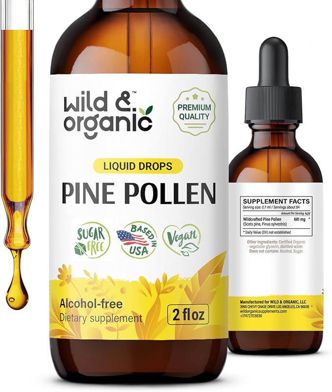 Wild &amp Organic Pine Pollen Tincture - Pine Pollen Extract Drops for Men &amp Women - Add to Tea &amp Drink - Pure Pinus Sylvestris Extract - Vegan Sugar &amp Alcohol-Free Liquid Supplement - 2