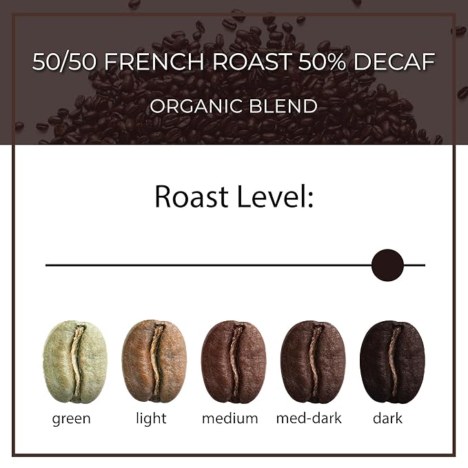 The Bean Organic Coffee Company Water Processed DECAF Le Bean and 50/50 (Half Caff) French Roast 50% Decaf Dark French Roast Ground Coffee 16-Ounce Bag Café Molido Tostado Orgánico descafeinado