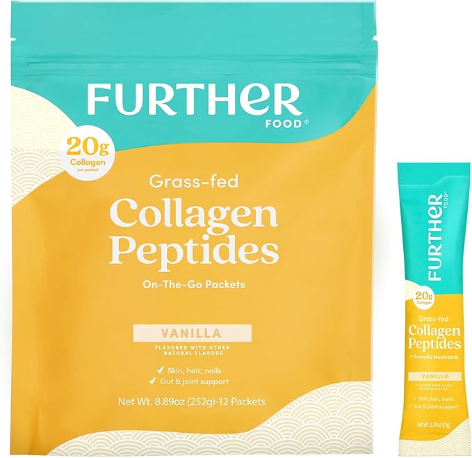 Further Food Vanilla Collagen Peptides Powder with Tremella Mushroom – 100% Grass-Fed Hydrolyzed Type 1 &amp 3 20g of Collagen per Serving Supports Skin Hair Nails &amp Joints Stick Packs 8.8