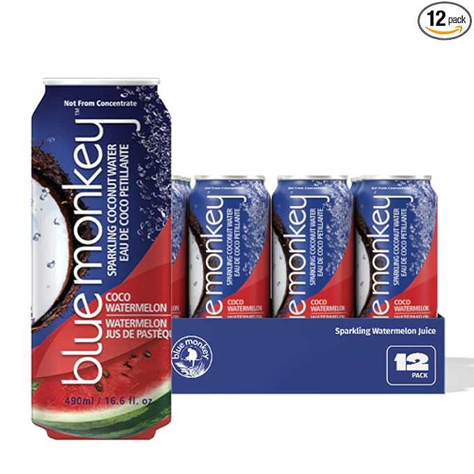 Blue Monkey Sparkling Coconut Water with Watermelon - 99.7% Coconut Water &amp Juice Blend - No Sugar Added All Natural Shelf Stable - Lightly Carbonated Tropical Beverage - 11.2oz (330ml) 12-Pack