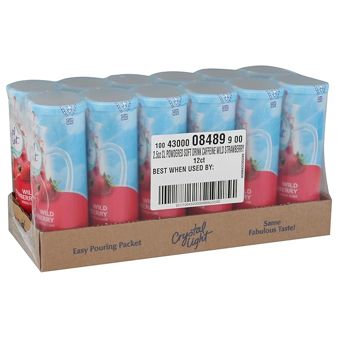 Crystal Light Wild Strawberry Artificially Flavored Powdered Drink Mix with Caffeine 72 ct Pack 12 Canisters of 6 Pitcher Packets