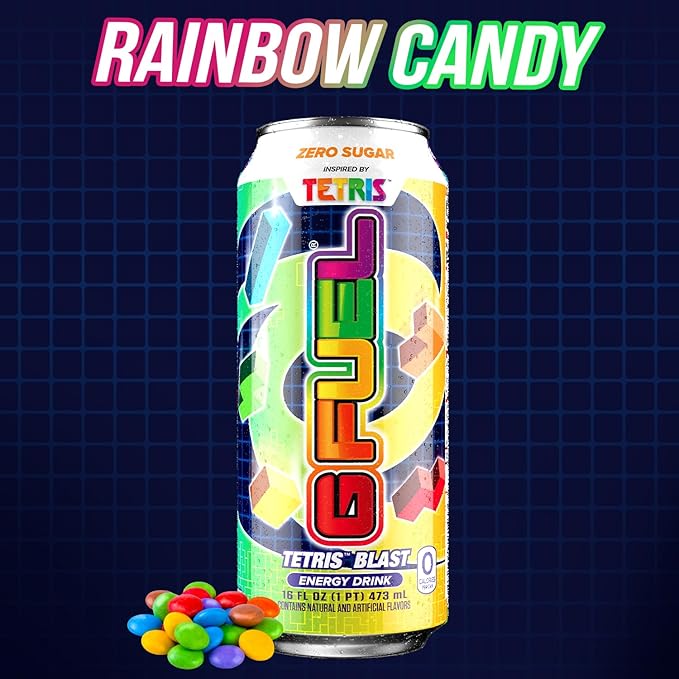 G Fuel Energy Drink Candy Flavor Sugar Free Beverage with 300mg Caffeine Daily Energy Boost with Focus Amino Vitamin + Antioxidants 16 oz Cans (Tetris 12-Pack)