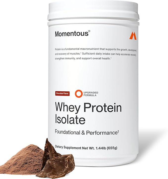 Momentous Essential Grass-Fed Whey Protein Powder – 20 g Whey Isolate Protein – NSF Certified for Sport – Gluten-Free – 25 Servings for Essential Everyday Use – Chocolate – Net WT 1.44 LB (655 g)