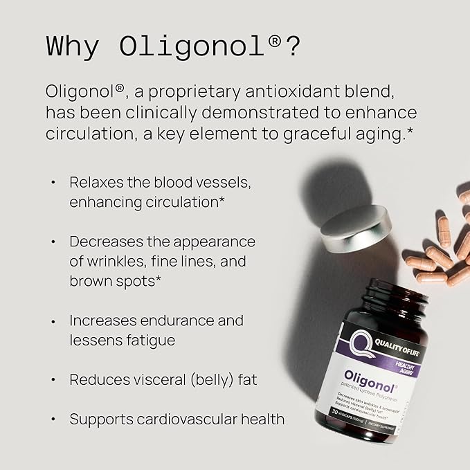 Quality of Life Oligonol Premium Anti Aging Supplement - Promotes Cardiovascular Health Circulation &amp Youth Includes Antioxidants - Lychee Fruit Extract - 30 Vegicaps