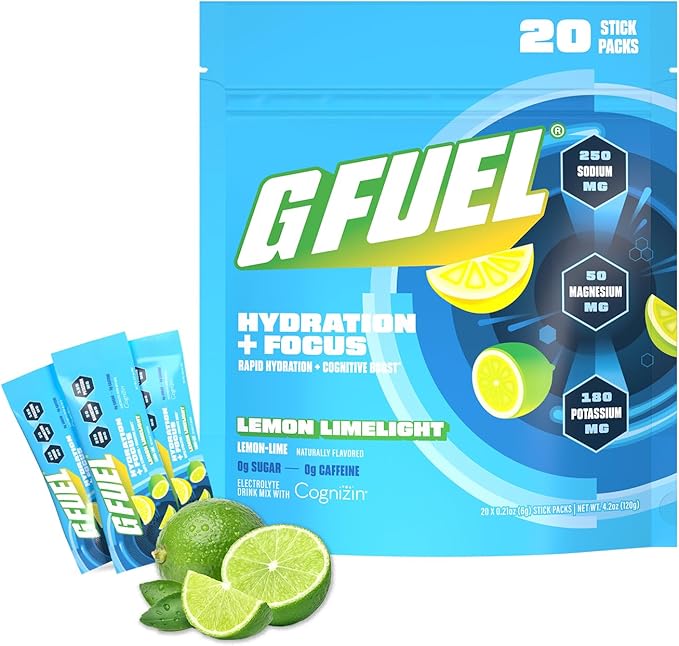 G Fuel Electrolytes Powder for Instant Hydration and Focus | Sugar Free Lemon Lime Flavor Electrolyte and Nootropic Drink Mix to Sharpen Mental Focus 20 Servings