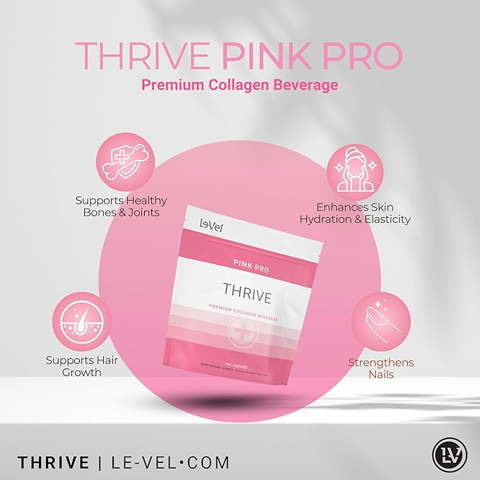 Thrive Premium Collagen Powder Drink - Pink Lemonade - Type I and III Collagen Hyaluronic Acid Biotin Vitamin C (16 Stick Packets Pink Lemonade - No Caffeine)