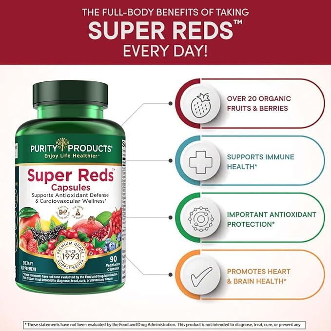 Purity Products Super Reds Capsules Formula (20+ Organic Super Fruits and Berries) Certified Organic Phytonutrients - 90 Capsules