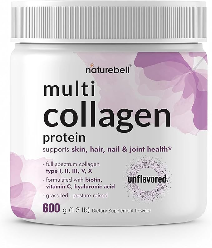 NatureBell Multi Collagen Protein Powder - 600g - Hydrolyzed Collagen Peptides - for Skin Hair Nail Joint &amp Bone Health Support* - Grass-Fed &amp Keto-Friendly - Unflavored