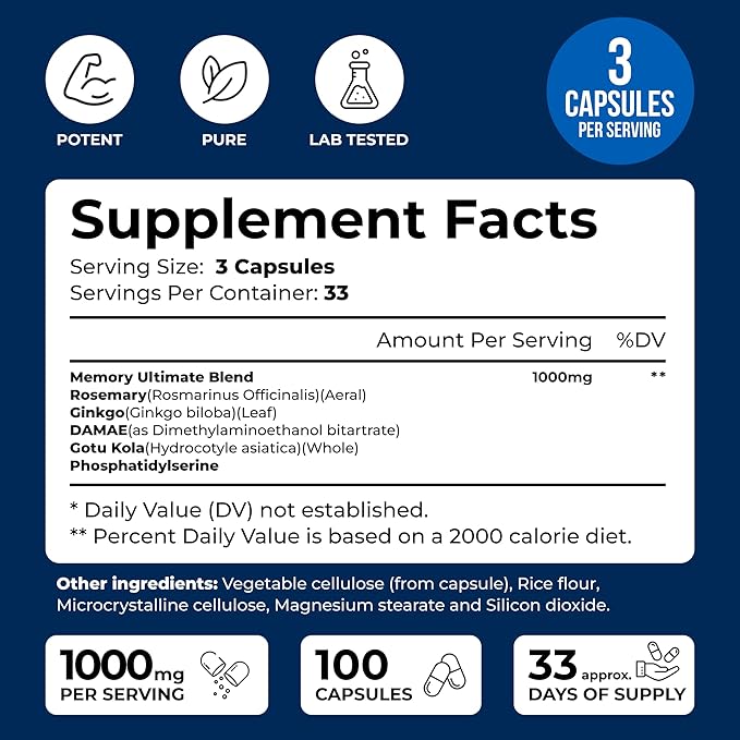 We Like Vitamins Phosphatidylserine Supplement with Gingko Biloba Gotu Kola DMAE - Improves Focus Memory Cognitive Function - Soy-Free 1000mg Memory Ultimate Complex - 100 Easy-to-Swallow Capsules