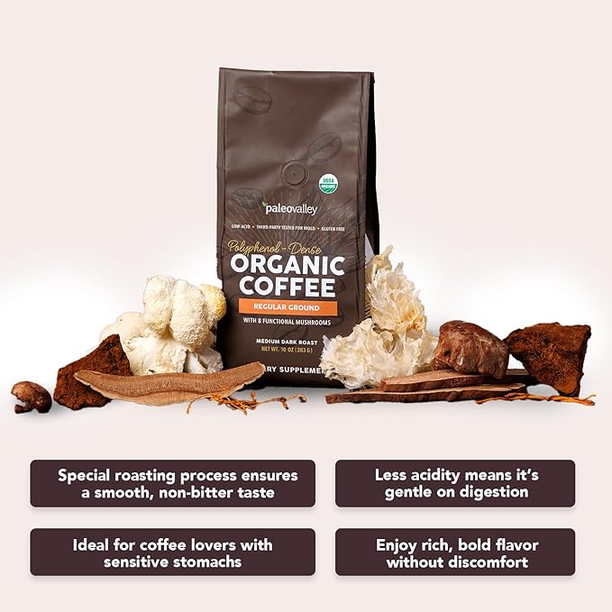 Paleovalley Organic Ground Coffee 10oz - Regular Low Acid Single-Origin Polyphenol-Rich Infused with Mushrooms