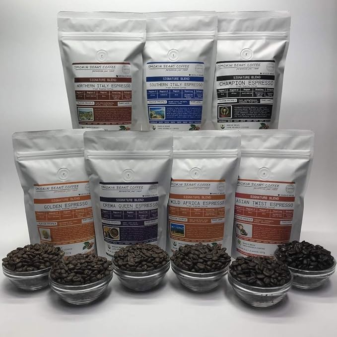 Smokin Beans 7 Bean Espresso Box 7-Bags 8-oz Each Our Signature Blends Various Roasts Premium Whole Bean Specialty Coffee