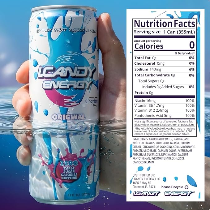 I.CANDY ZERO Energy Drink Caffeine Free Sugar Free Energy Drinks 12 Pack 12 oz Cans Zero Sugar Zero Calorie 250mg Cognizin Citicoline No Caffeine Mental Focus Energy