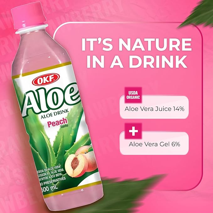 OKF Aloe Vera Drink Juice with Pure Aloe Pulp Variety 16.9 oz. (Peach Pack of 20) Plant Based Drink Korean drinks