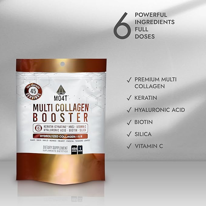 Multi Collagen Booster Powder – Extra Strength Collagen Supplement with Added Keratin Biotin Hyaluronic Acid Vitamin C &amp Silica – Extra Nutrients for Hair Nails&amp Skin -1 Pound