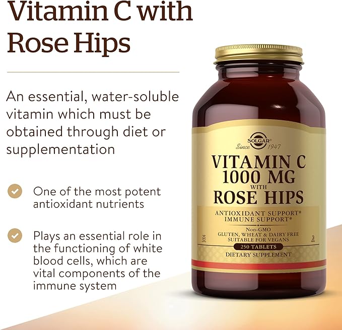 Solgar Vitamin C 1000 mg with Rose HIPS 250 Tablets - Antioxidant &amp Immune Support - Overall Health - Supports Healthy Skin &amp Joints - Non-GMO Vegan and Kosher - 250 Servings