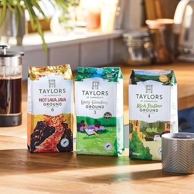 Taylors of Harrogate Ground Coffee (Each Pack 200g) Pick Any 6 from 7+ Flavours Inc. Rich Italian After Dark Hot Lava Java Decaf Lazy Sunday Flying Start and Brasilia