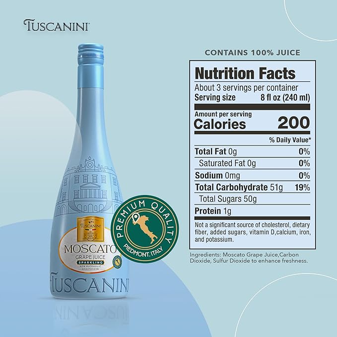 Tuscanini Sparkling Moscato Grape Juice 25.3oz (2 Pack) | Non Alcoholic Italian Moscato | Elegant Champagne Bottle | Imported from Italy | Great for Cocktails | Kosher