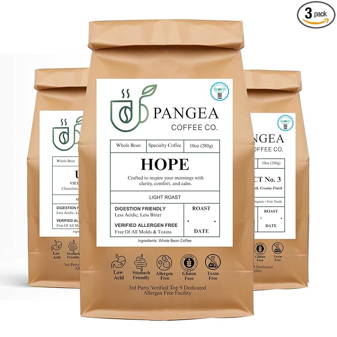 Pangea Flavor Discovery Pack – Whole Bean Organic Sampler 3-Pack (10oz Bags) – Low Acid Allergen-Free Specialty Arabica Clean Coffee