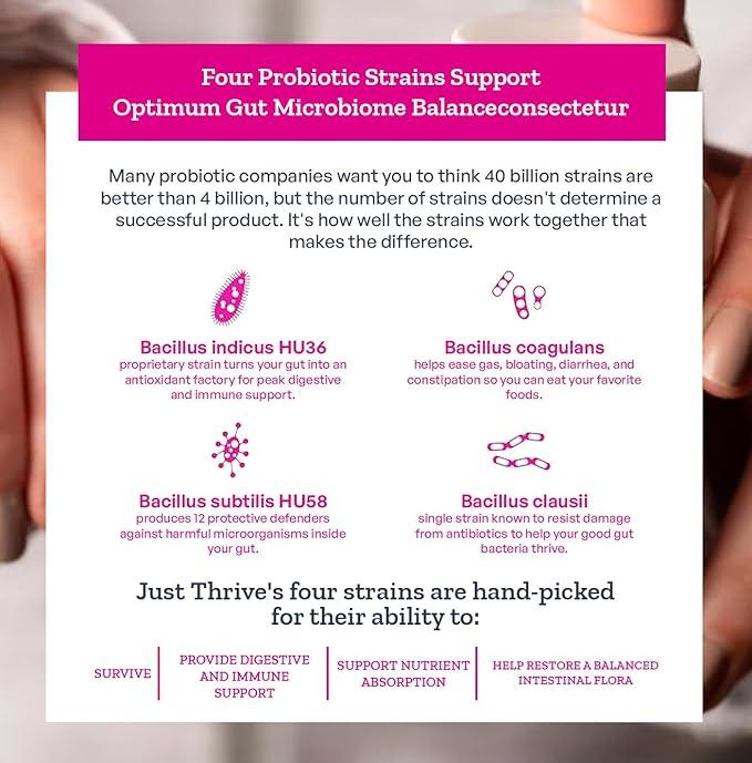 Just Thrive Probiotic &amp Antioxidant Supplement - 100% Spore-Based Digestive and Immune Support - Gluten Free 90 Caps