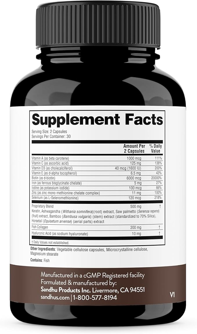 Sandhu's Hair Vitamin with Biotin Collagen Keratin Ashwagandha | Supports Hair Health | for Men &amp Women | 60 Capsules