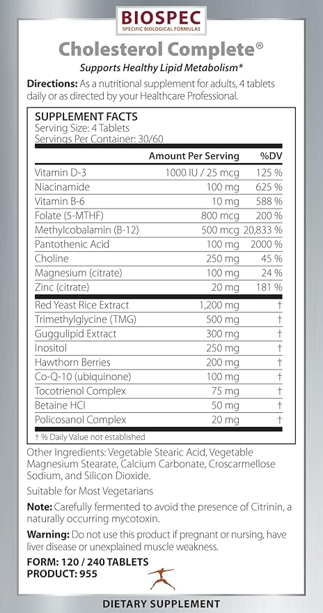 BIOSPEC NUTRITIONALS Cholesterol Complete - Natural Cholesterol Support for Cardiovascular and Heart Health* - Red Yeast Rice CO-Q-10 Hawthorn Magnesium (240 Tablets)
