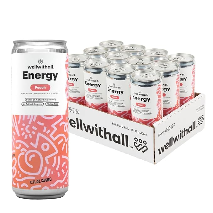 WellWithAll Peach Energy Drink – Caffeine from Tea – With Vitamin C – Lightly Sparkling Beverage – Fruit &amp Veggie Juice Blend – 12 Oz (Pack of 12)