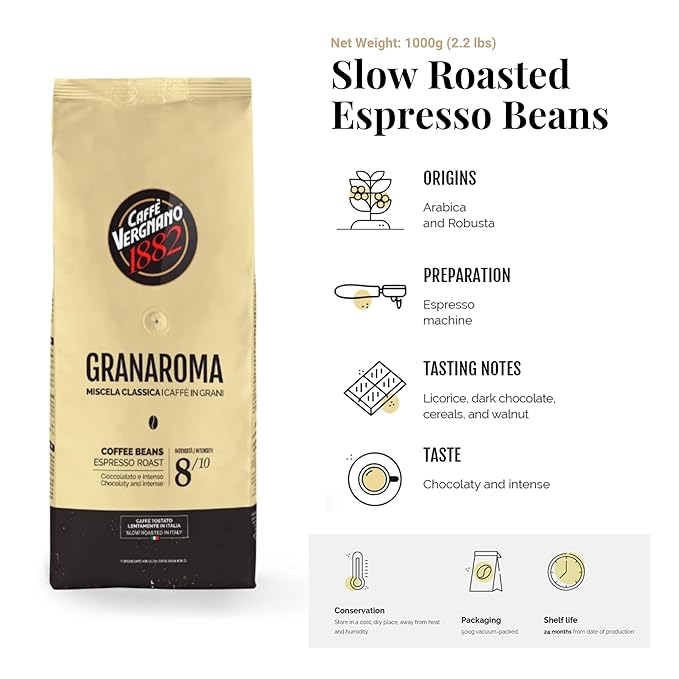 Caffe Vergnano 1882 Gran Aroma Whole Bean Arabica Medium Espresso Roast Coffee 2.2lbs Bag - Italian Coffee Beans with Rich notes of Cocoa Spices &amp Dried Fruit Intensity 8/10-1000g Bag