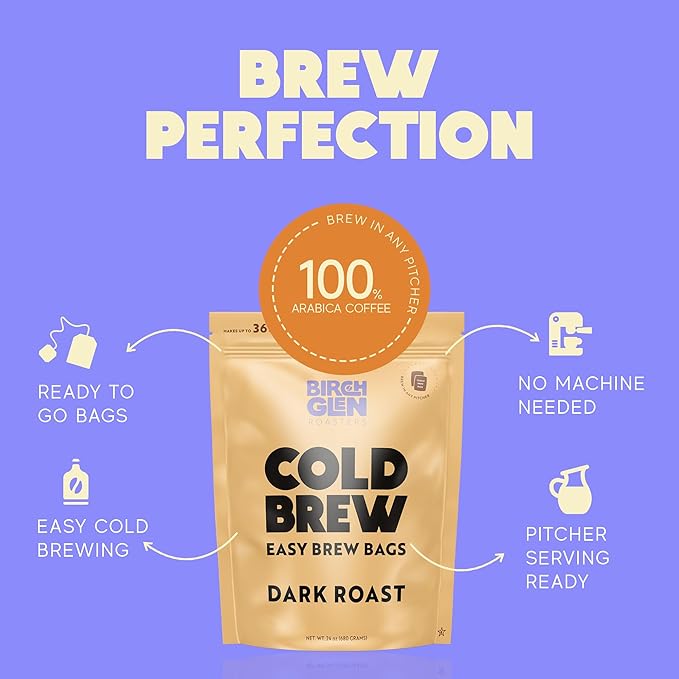Birch Glen Roasters Cold Brew Coffee Bags - 12 Pack of Coarse Ground Coffee Filter Pitcher Packs for Easy Brewing - 100% Arabica - Yields 6 Pitchers - Decaf