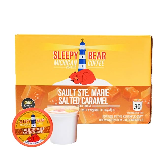 Sleepy Bear Coffee Pods Medium Roast Arabica Rich Flavor Michigan-Made Smooth &amp Sweet No Sugar Added 30ct Pods Compatible with Single-Serve Brewers (Sault Ste Marie Salted Caramel)