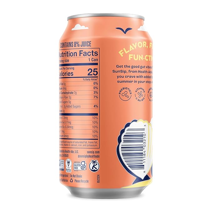 SunSip Prebiotic Soda by Health-Ade Better-for-You Soda Swap Beverage with Vitamins &amp Minerals Naturally Sweetened with 5g of Sugar Peach 11.5 oz (12 Pack)