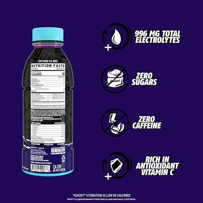 GHOST Hydration Drink Welch’s Grape - RTD Sports Drink with Electrolytes Natural Vitamins &amp Minerals - All Day Lifestyle Hydration Beverage - Zero Caffeine &amp Zero Sugars - 16.9 Fl Oz 12 Pac