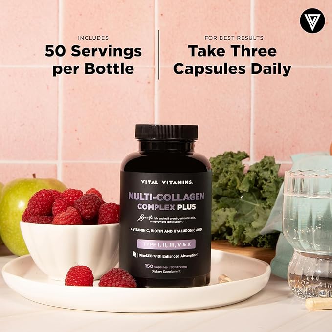 Vital Vitamins Multi Collagen Plus Capsules (2-Pack) - with Biotin Hyaluronic Acid Vitamin C - Type I II III V X Peptides - Collagen Supplements for Men &amp Women - Hair Skin Nails Complex