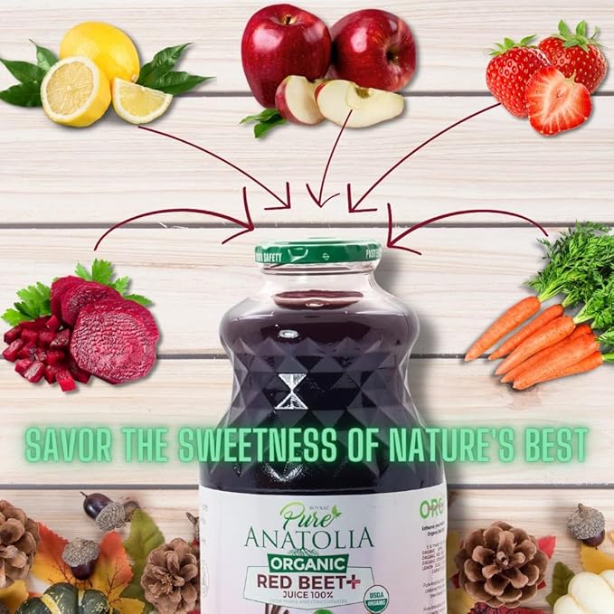 Organic Red Beet + Juice by Pure Anatolia - USDA Organic Gluten Free Vegan No Preservatives Non GMO Rich in Vitamin C Immunity Boosting - Reusable 6 Glass Bottles of 32 fl oz.