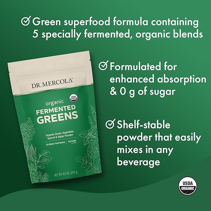 Dr. Mercola Organic Fermented Greens Powder - Supports Digestive &amp Cellular Health - Certified Organic Non-GMO &amp Soy-Free - 9.5 oz (90 Servings)
