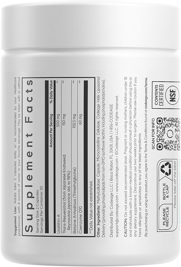 Codeage Liposomal Urolithin A Supplement 500mg Per Serving + Resveratrol Betaine CoQ10 Ellagitannins - A New Frontier Beyond NADH NMN NAD NR and PQQ Vitamins - Bioavailable - 60 Capsules