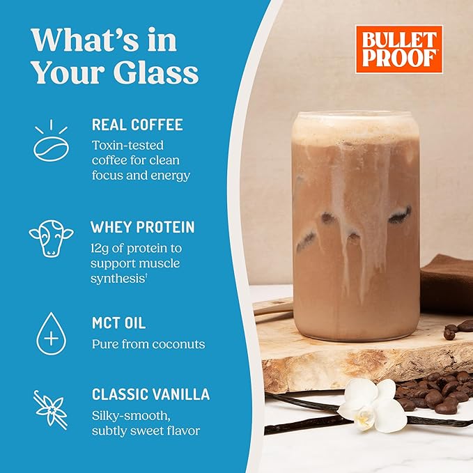 Bulletproof Iced Protein Coffee Vanilla 12g Whey Protein + MCT Oil 170mg Caffeine Instant Coffee from Real Beans Tested for Toxins No Artificial Flavors &amp Sweeteners 14 Servings