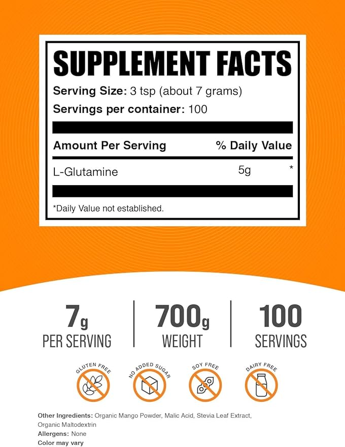 BulkSupplements.com L-Glutamine Powder - Glutamine Supplement Amino Acid Supplement - Mango Tango Flavor 7g per Serving 700g (1.5 lbs) (Pack of 1)