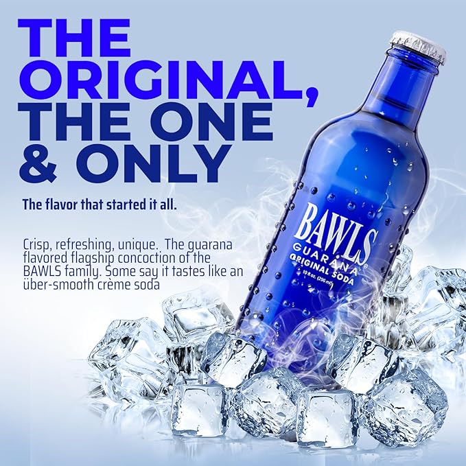 BAWLS Guarana Original - Guarana Fueled Soda for Energy High Energy Caffeinated Drink 10oz 24 Pack Glass Bottles